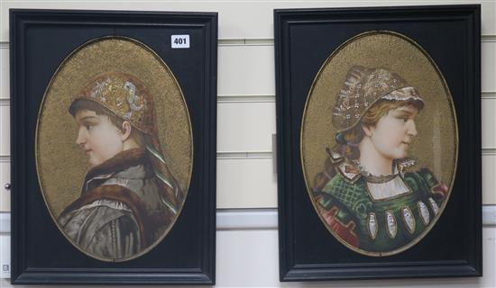 A pair of Continental ceramic oval portrait plaques, 19th century, 39.5 x 37.5cm